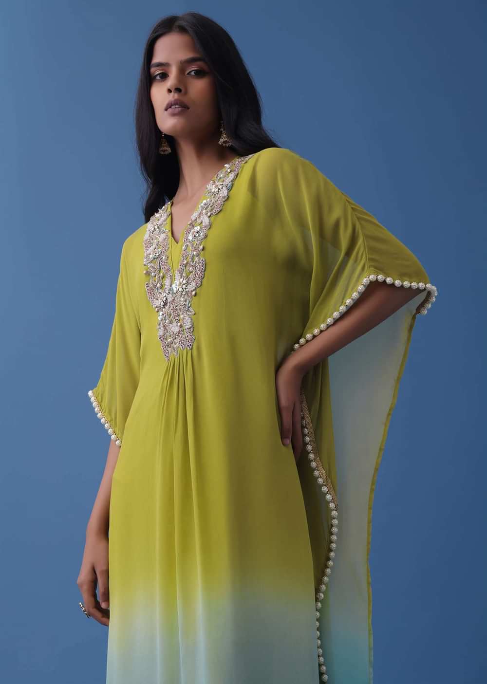 Lime Green And Turq Blue Ombre Kaftan Kurti In Georgette With Exquisite Embroidery