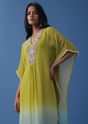 Lime Green And Turq Blue Ombre Kaftan Kurti In Georgette With Exquisite Embroidery