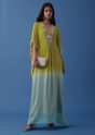 Lime Green And Turq Blue Ombre Kaftan Kurti In Georgette With Exquisite Embroidery