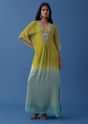 Lime Green And Turq Blue Ombre Kaftan Kurti In Georgette With Exquisite Embroidery
