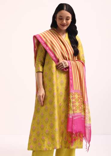 Lime Green Block Printed Chanderi Kurta Palazzo Set