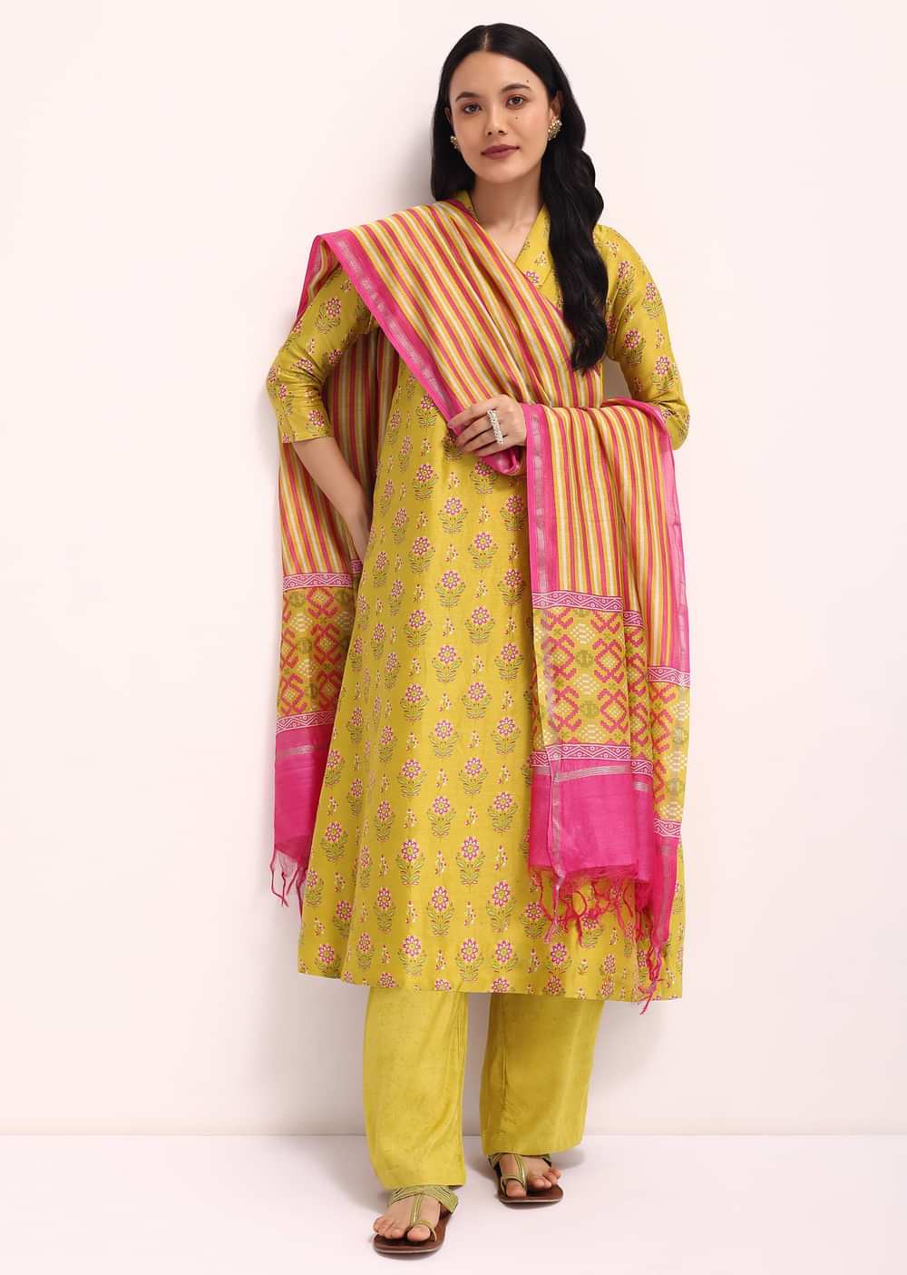 Lime Green Block Printed Chanderi Kurta Palazzo Set