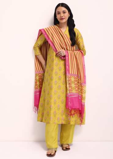 Lime Green Block Printed Chanderi Kurta Palazzo Set