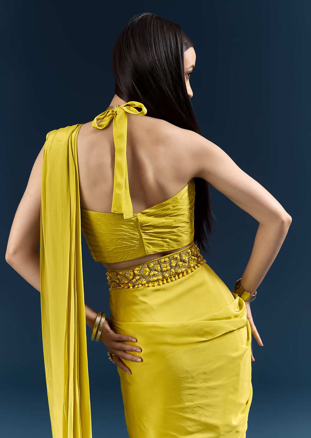 Lime Green Crepe Ready Pleated Saree With Heavy Embroidery