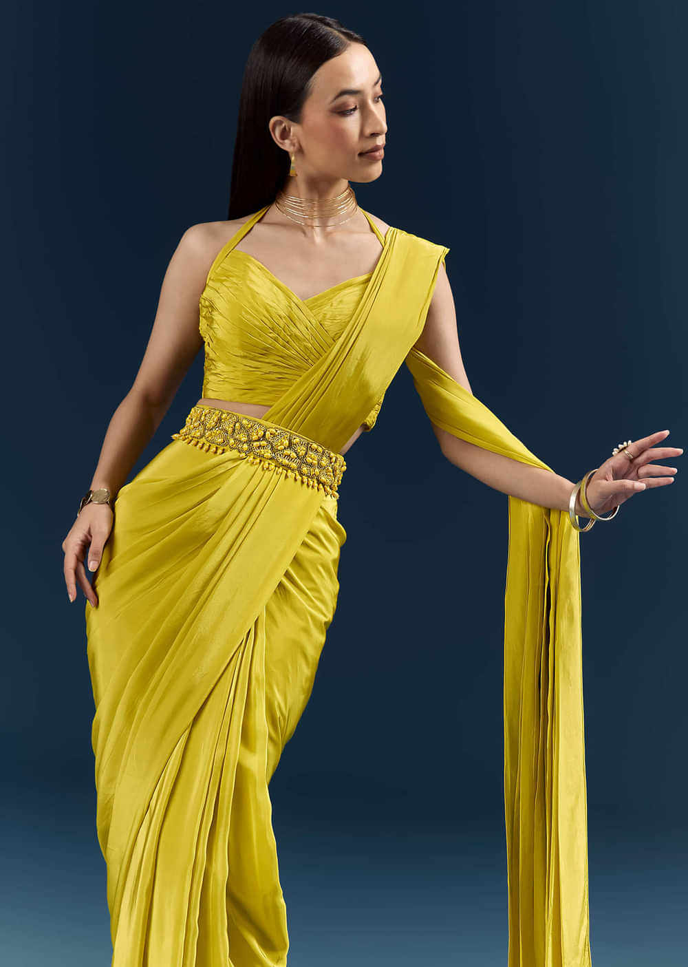 Lime Green Crepe Ready Pleated Saree With Heavy Embroidery