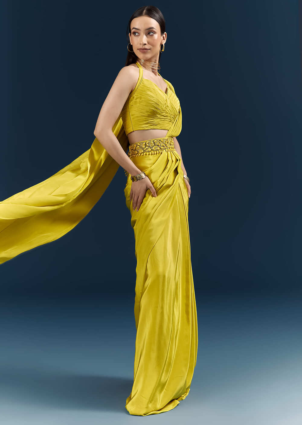 Lime Green Crepe Ready Pleated Saree With Heavy Embroidery