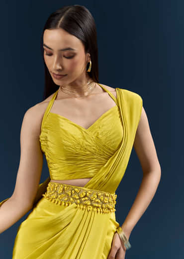 Lime Green Crepe Ready Pleated Saree With Heavy Embroidery