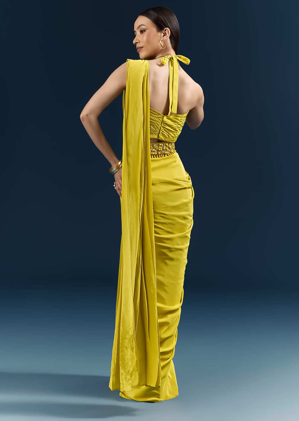 Lime Green Crepe Ready Pleated Saree With Heavy Embroidery