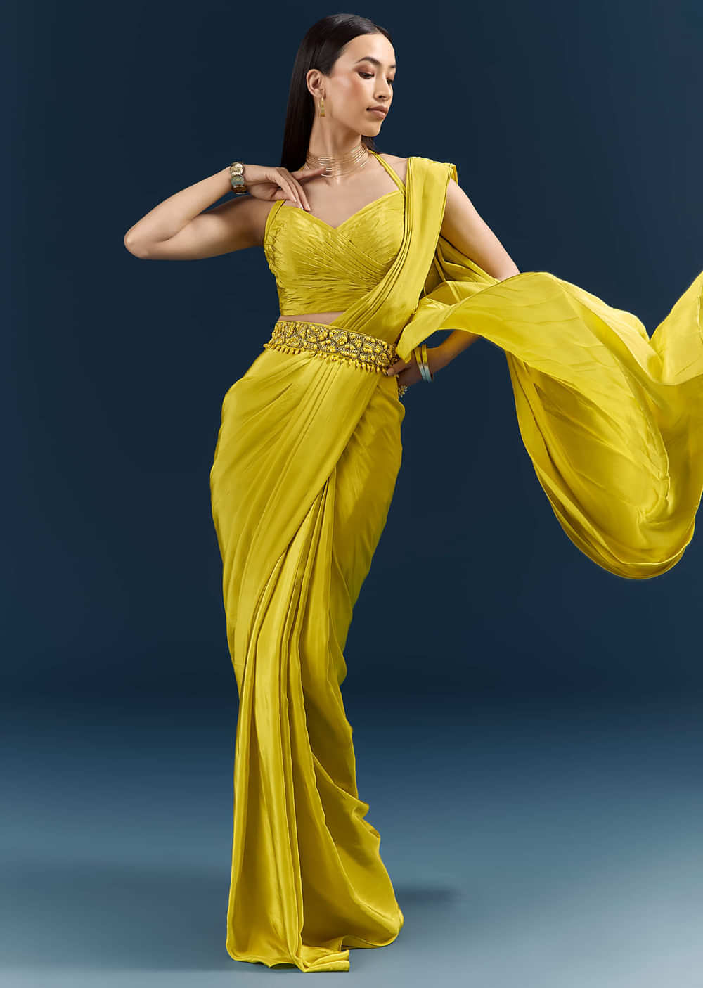 Lime Green Crepe Ready Pleated Saree With Heavy Embroidery