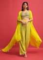 Lime Green Embroidered Georgette Crop Top And Palazzo Set With Jacket