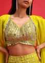 Lime Green Embroidered Georgette Crop Top And Palazzo Set With Jacket