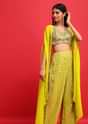 Lime Green Embroidered Georgette Crop Top And Palazzo Set With Jacket