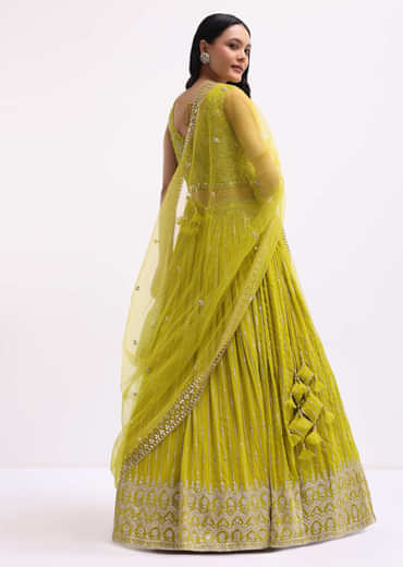 Lime Green Embroidered Georgette Lehenga Choli Set