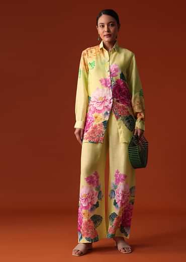 Lime Green Floral Sequins Work Cotton Co Ord Set