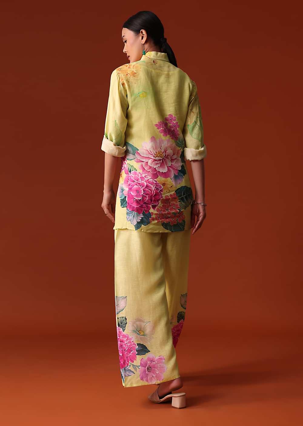 Lime Green Floral Sequins Work Cotton Co Ord Set