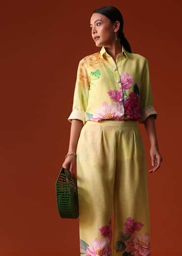 Lime Green Floral Sequins Work Cotton Co Ord Set