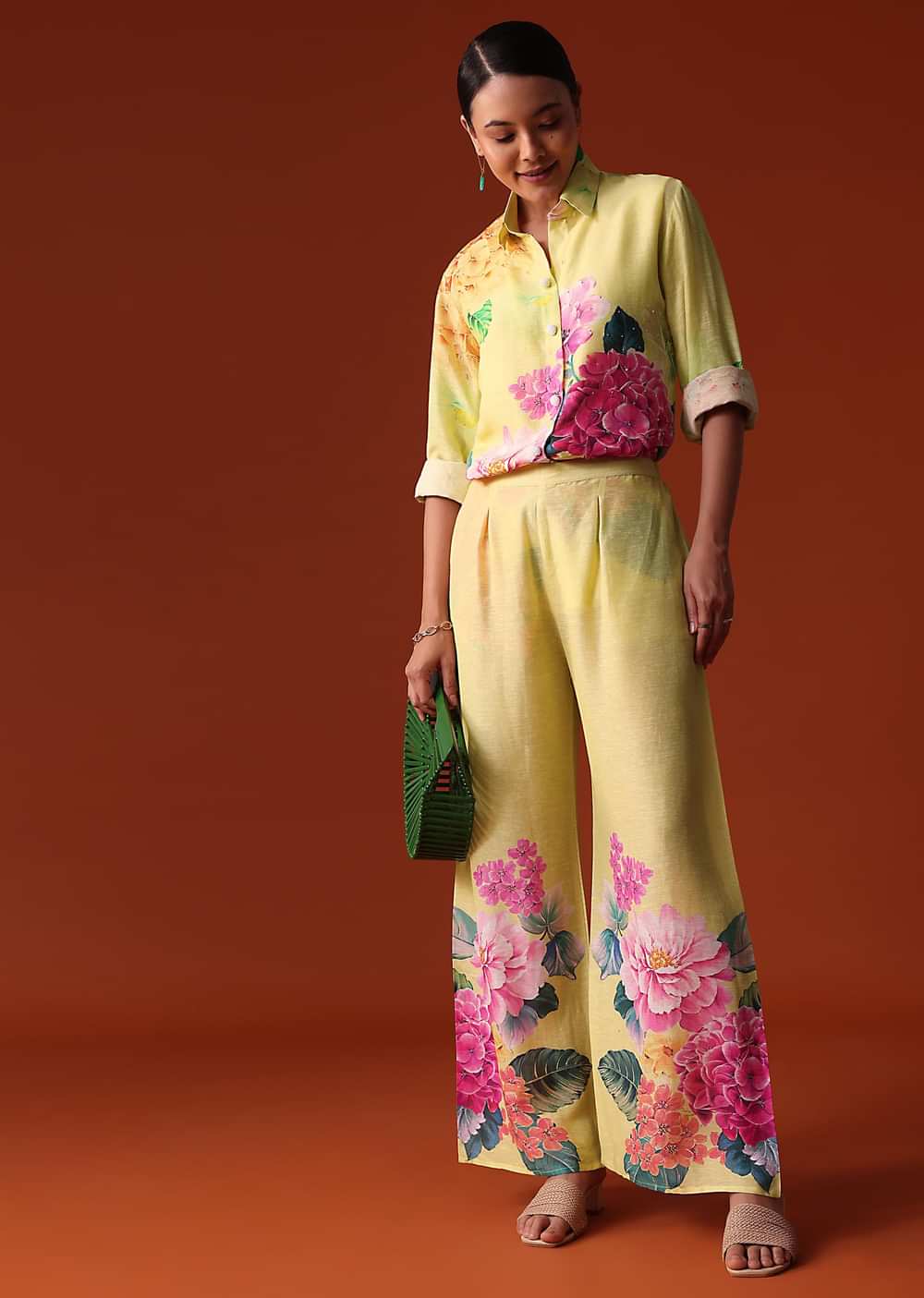 Lime Green Floral Sequins Work Cotton Co Ord Set
