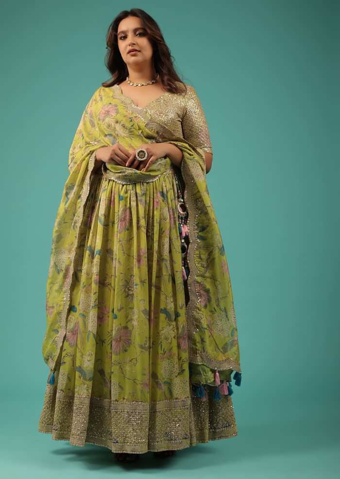 Lime Green Lehenga Choli Set In Organza With Print & Embroidery