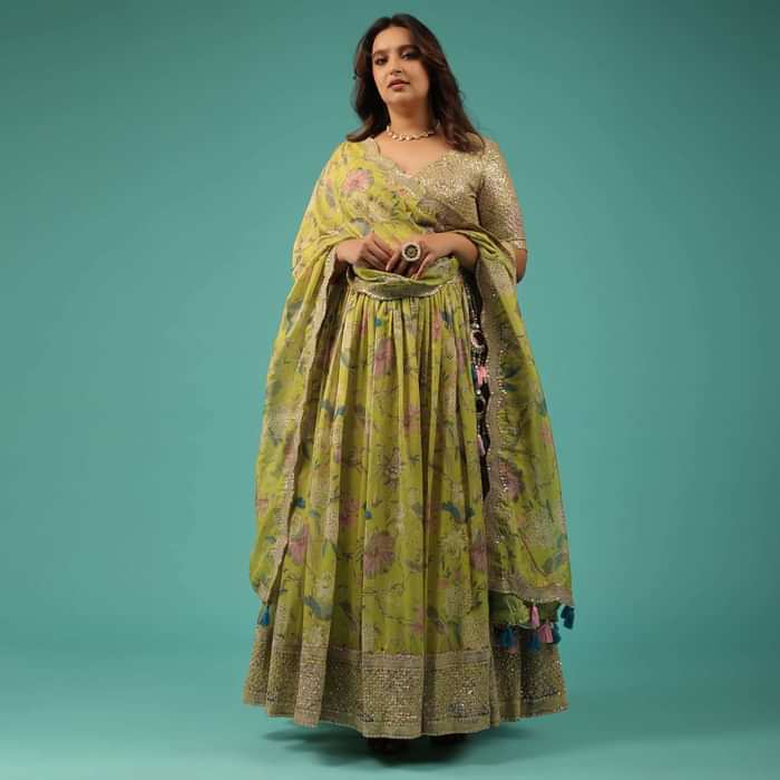 Lime Green Organza Lehenga Choli Set With Print And Embroidery