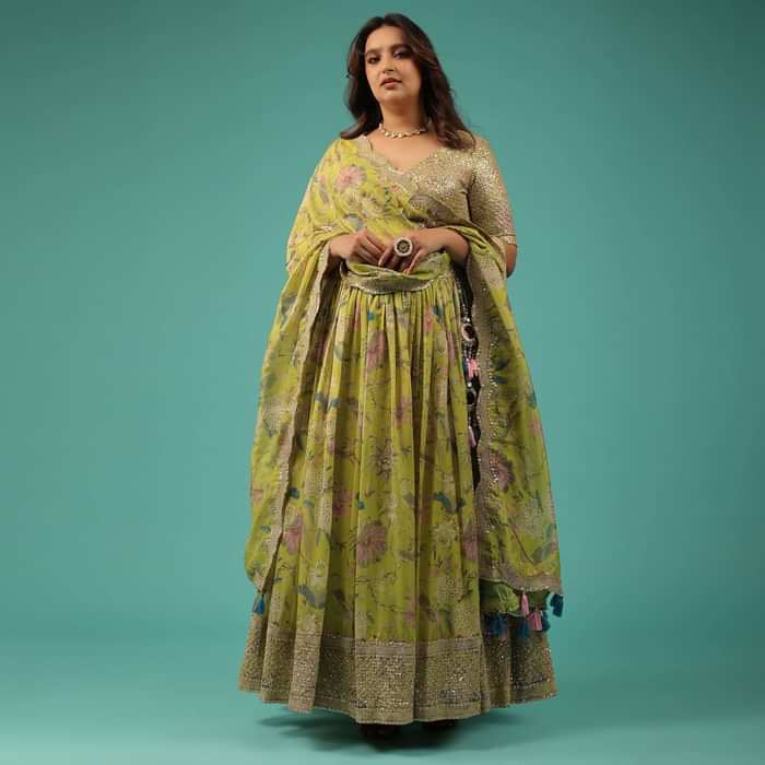 Lime Green Lehenga Choli Set In Organza With Print & Embroidery