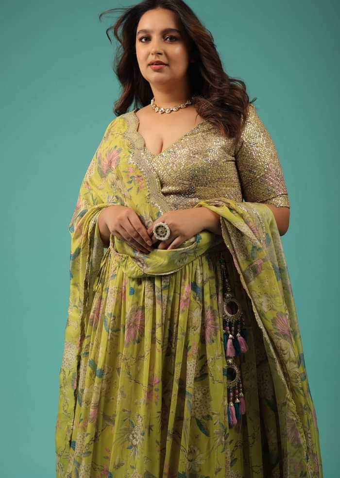Lime Green Organza Lehenga Choli Set With Print And Embroidery