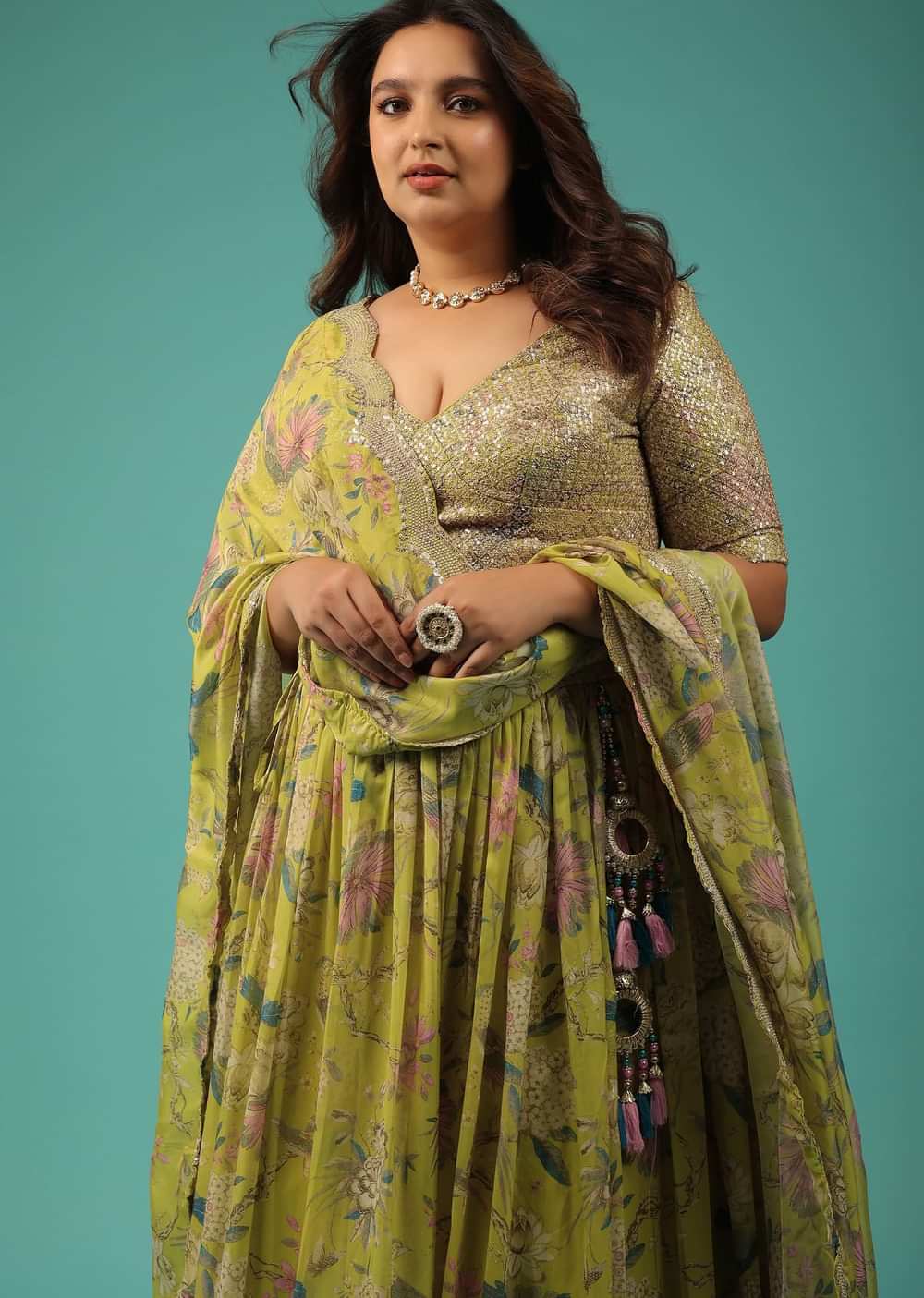 Lime Green Lehenga Choli Set In Organza With Print & Embroidery