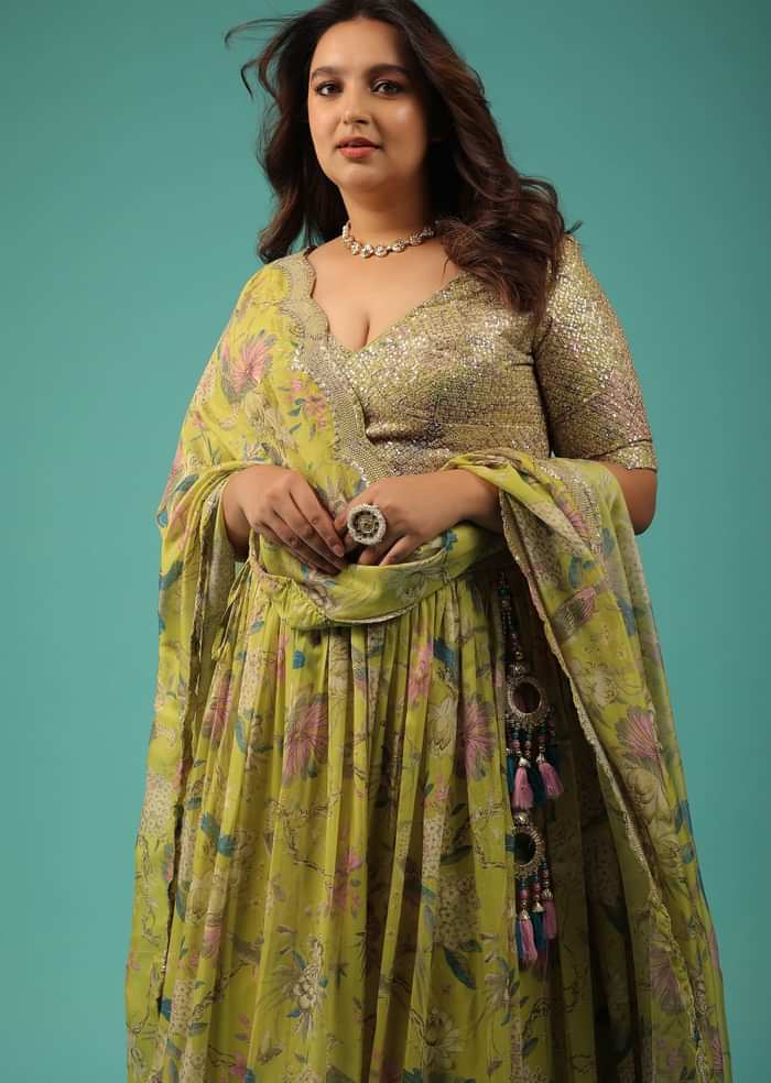 Lime Green Lehenga Choli Set In Organza With Print & Embroidery