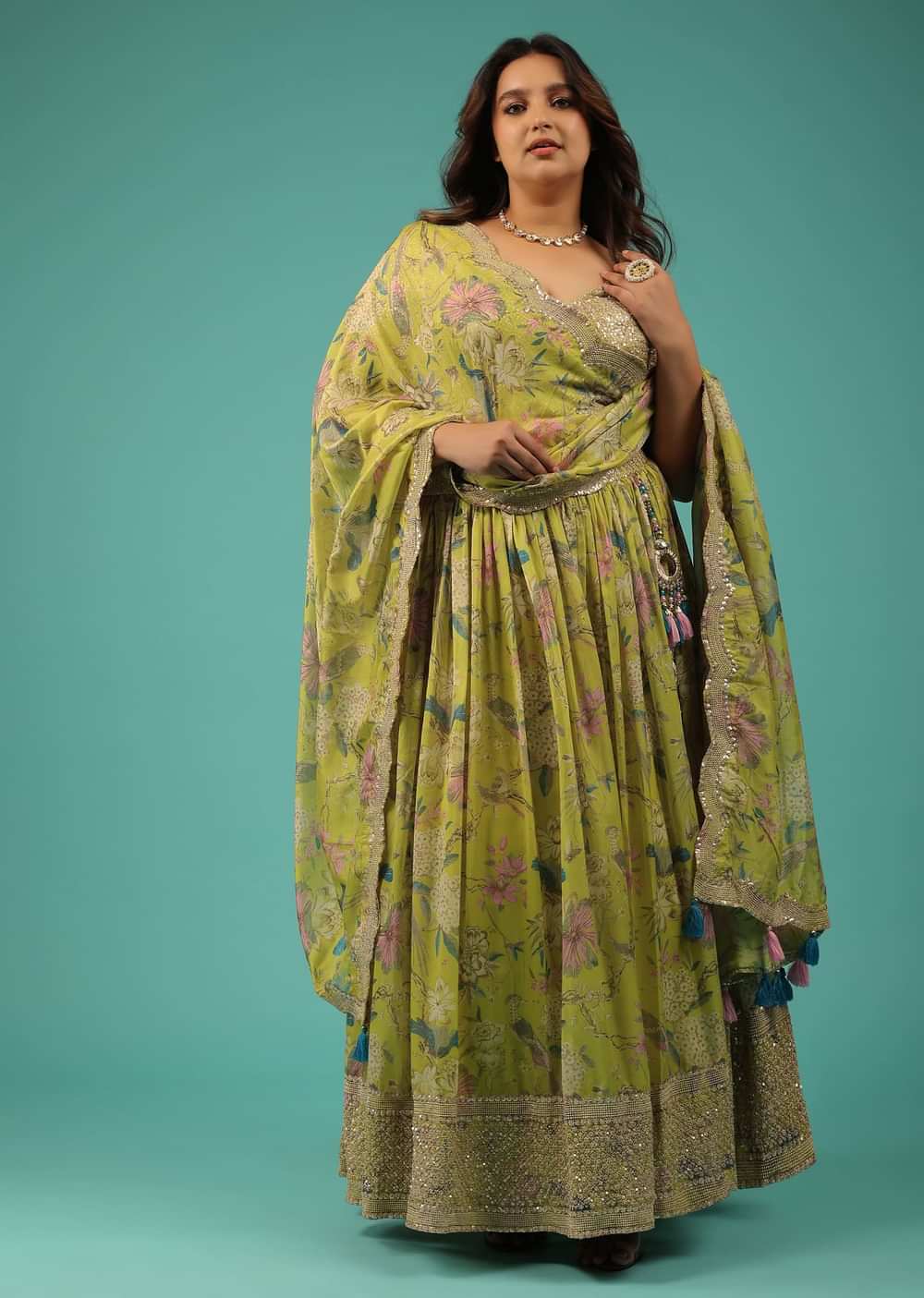 Lime Green Lehenga Choli Set In Organza With Print & Embroidery