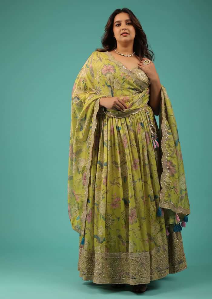 Lime Green Lehenga Choli Set In Organza With Print & Embroidery