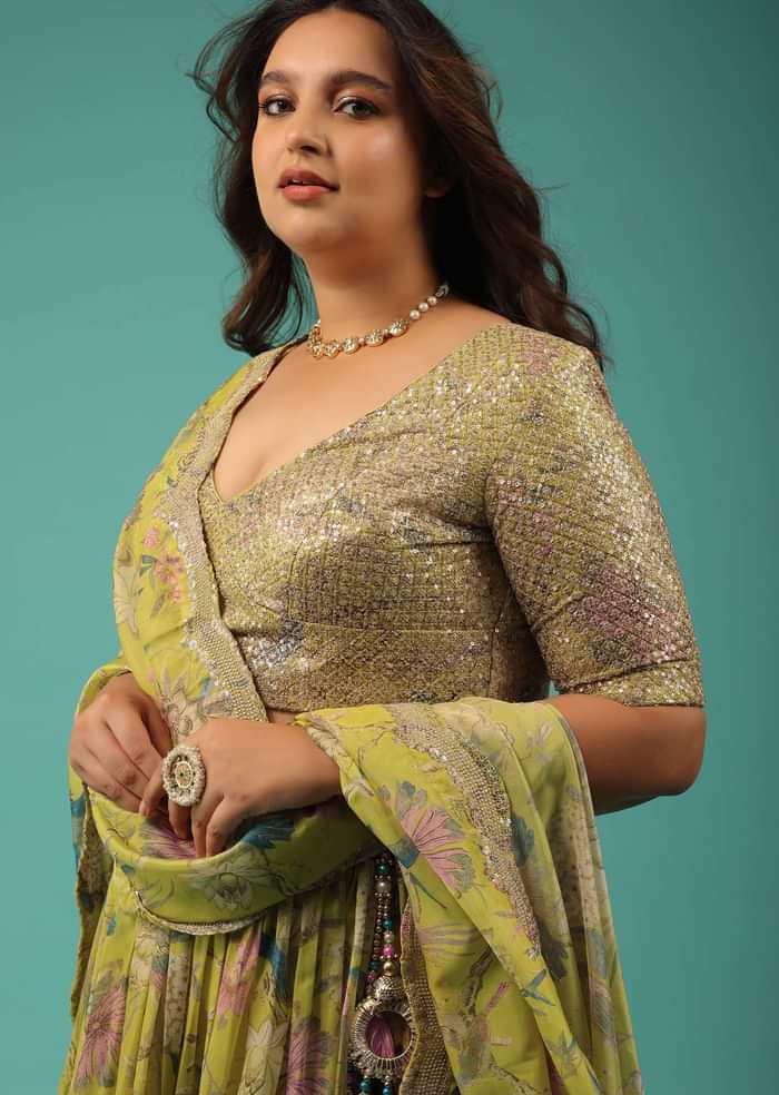 Lime Green Organza Lehenga Choli Set With Print And Embroidery