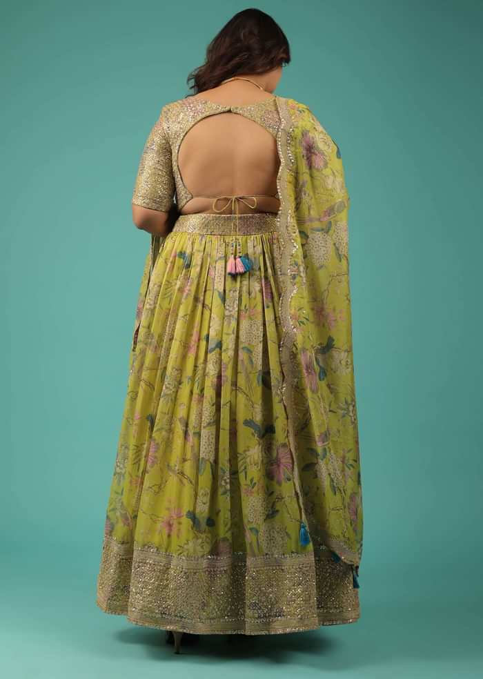 Lime Green Organza Lehenga Choli Set With Print And Embroidery