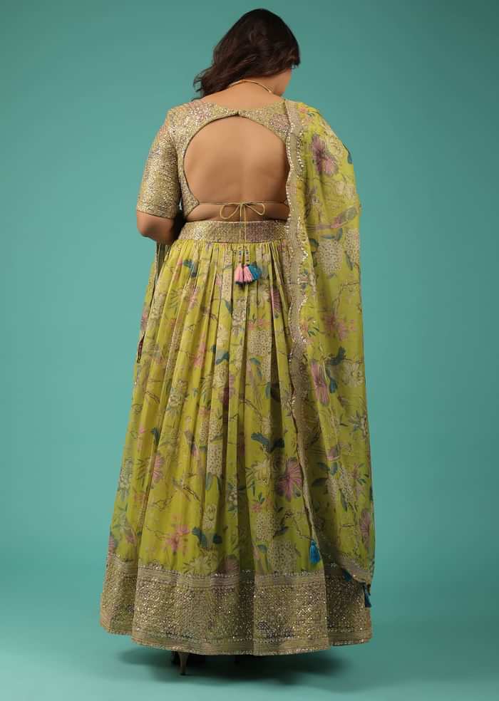 Lime Green Lehenga Choli Set In Organza With Print & Embroidery