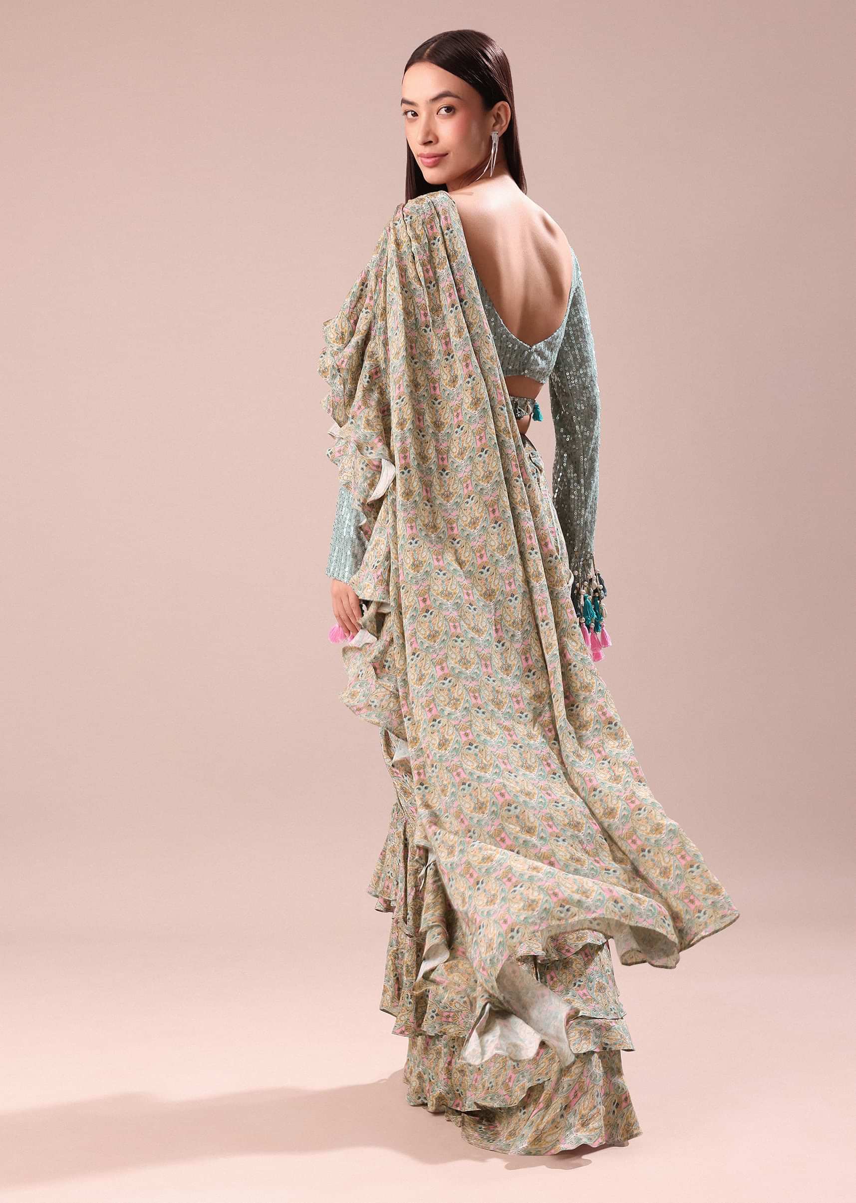 Lime Green Printed Frill Saree With Embroidered Blouse