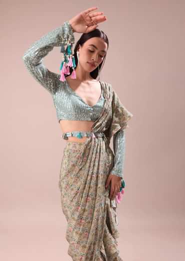Lime Green Printed Frill Saree With Embroidered Blouse