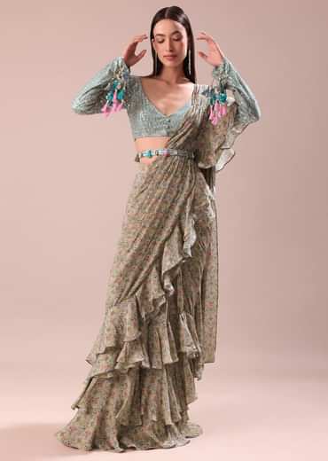 Lime Green Printed Frill Saree With Embroidered Blouse