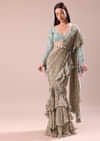 Lime Green Printed Frill Saree With Embroidered Blouse