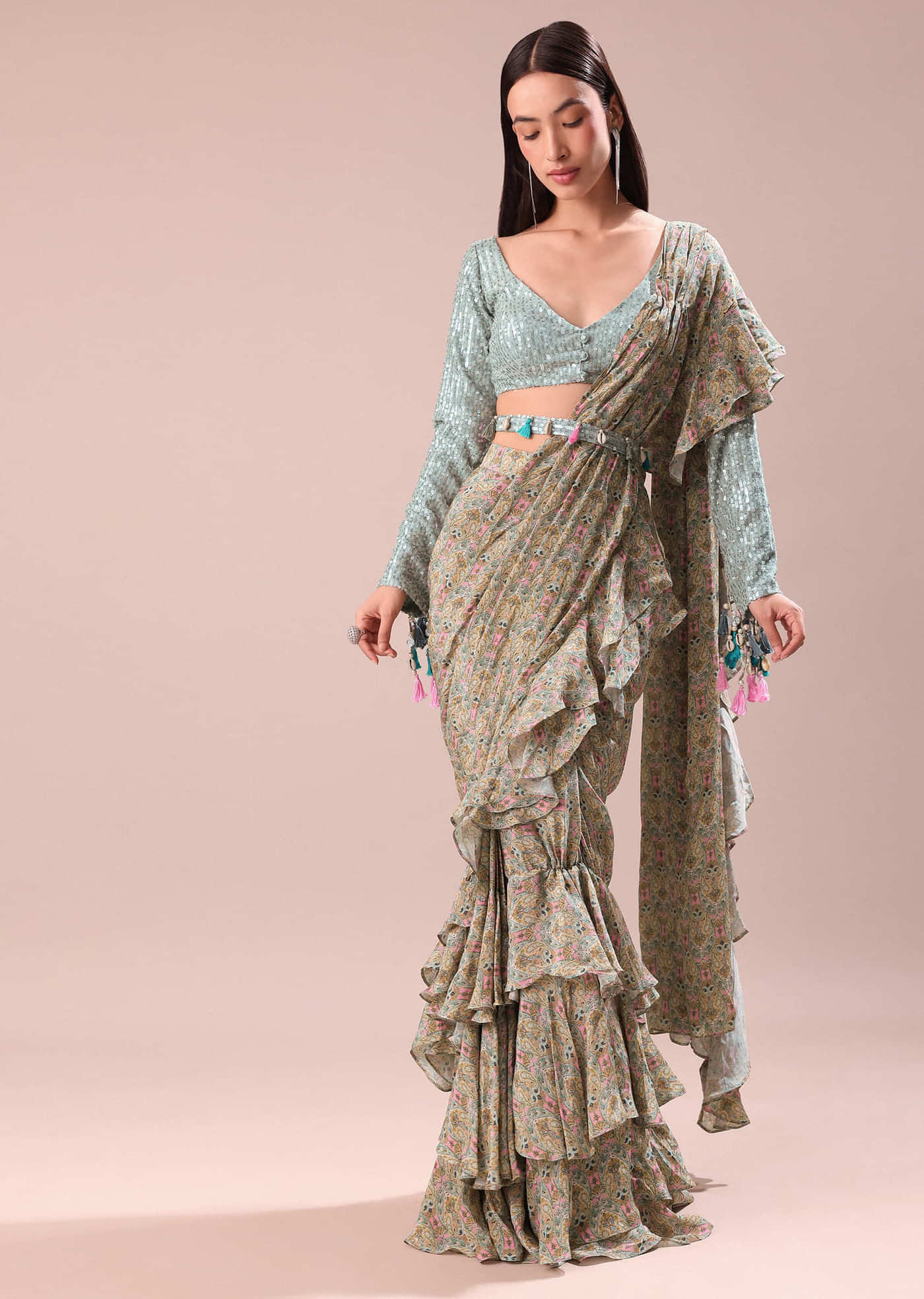 Lime Green Printed Frill Saree With Embroidered Blouse
