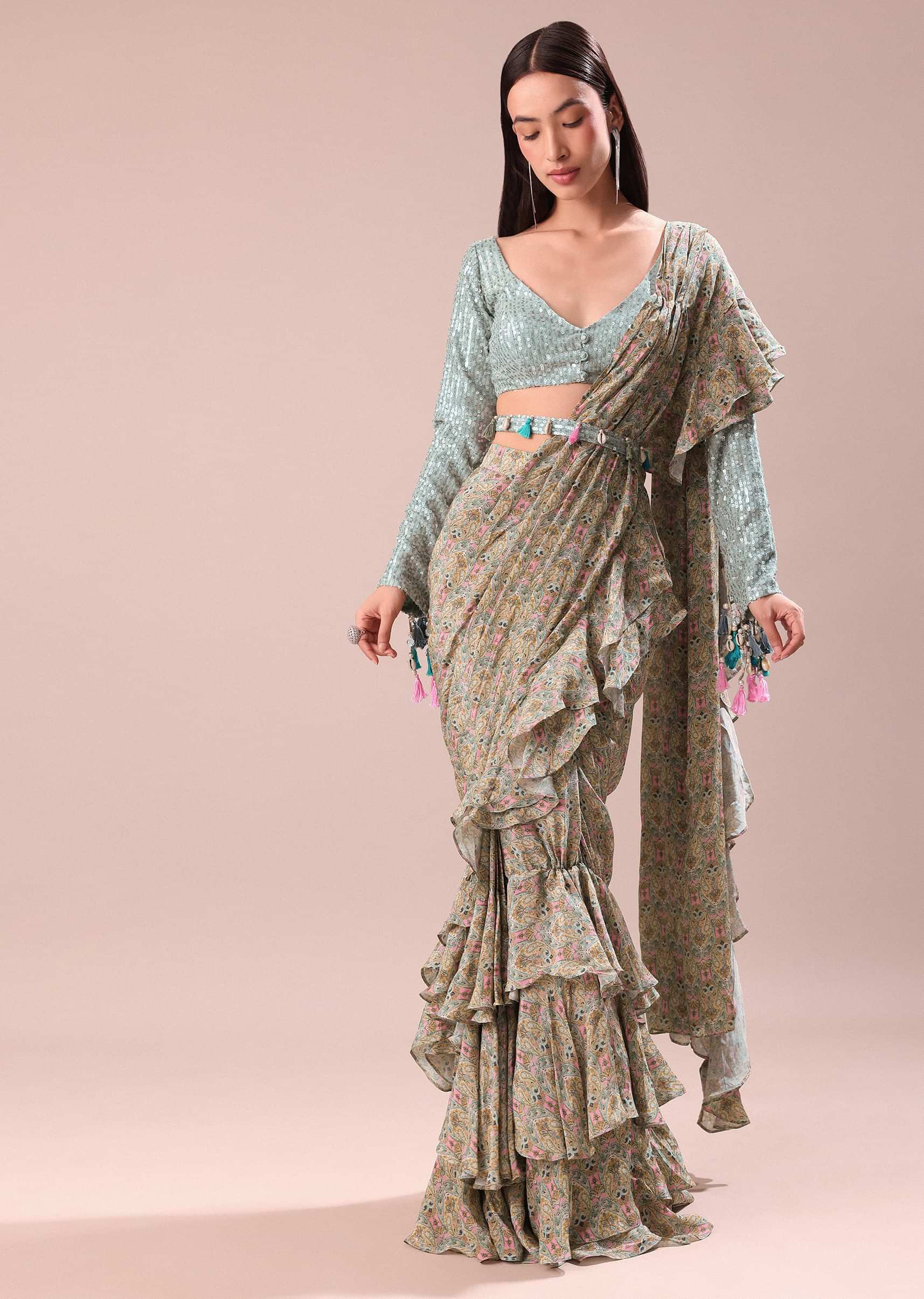 Lime Green Printed Frill Saree With Embroidered Blouse