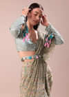 Lime Green Printed Frill Saree With Embroidered Blouse