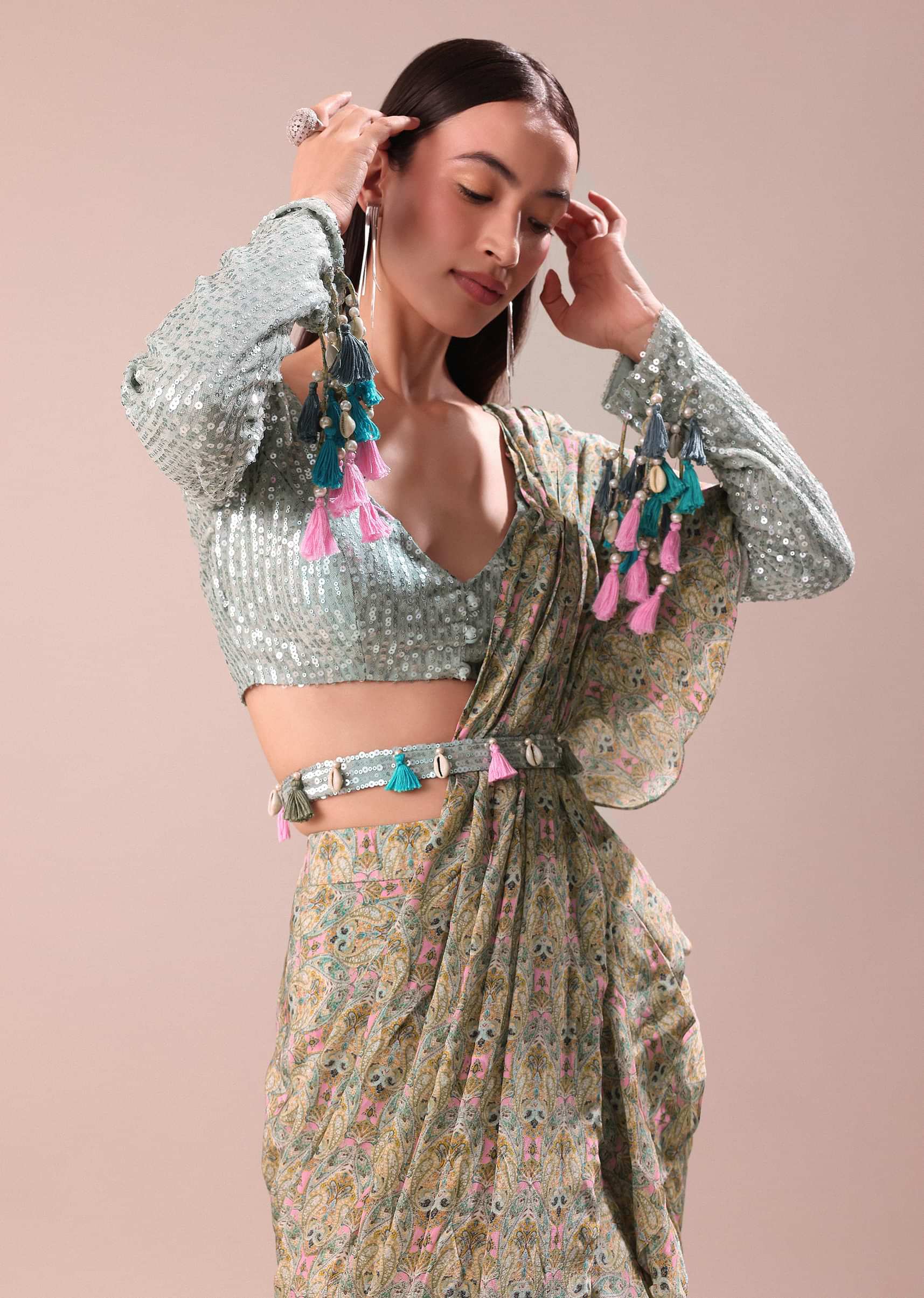 Lime Green Printed Frill Saree With Embroidered Blouse