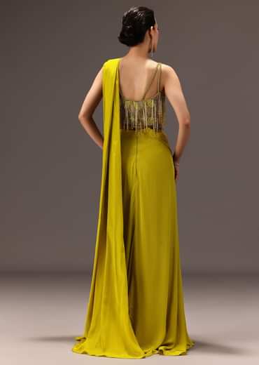 Lime Green Semi Stitched Net Saree With Embroidered Blouse