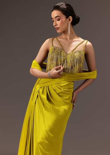 Lime Green Semi Stitched Net Saree With Embroidered Blouse