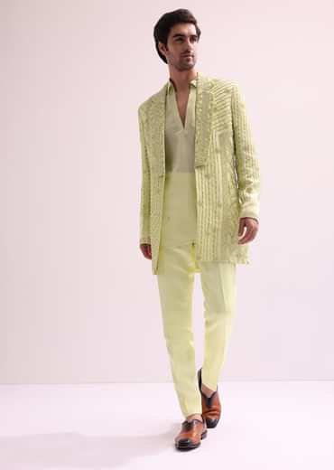 Lime Lapel Tuxedo With Butti Work Kurta And Pants