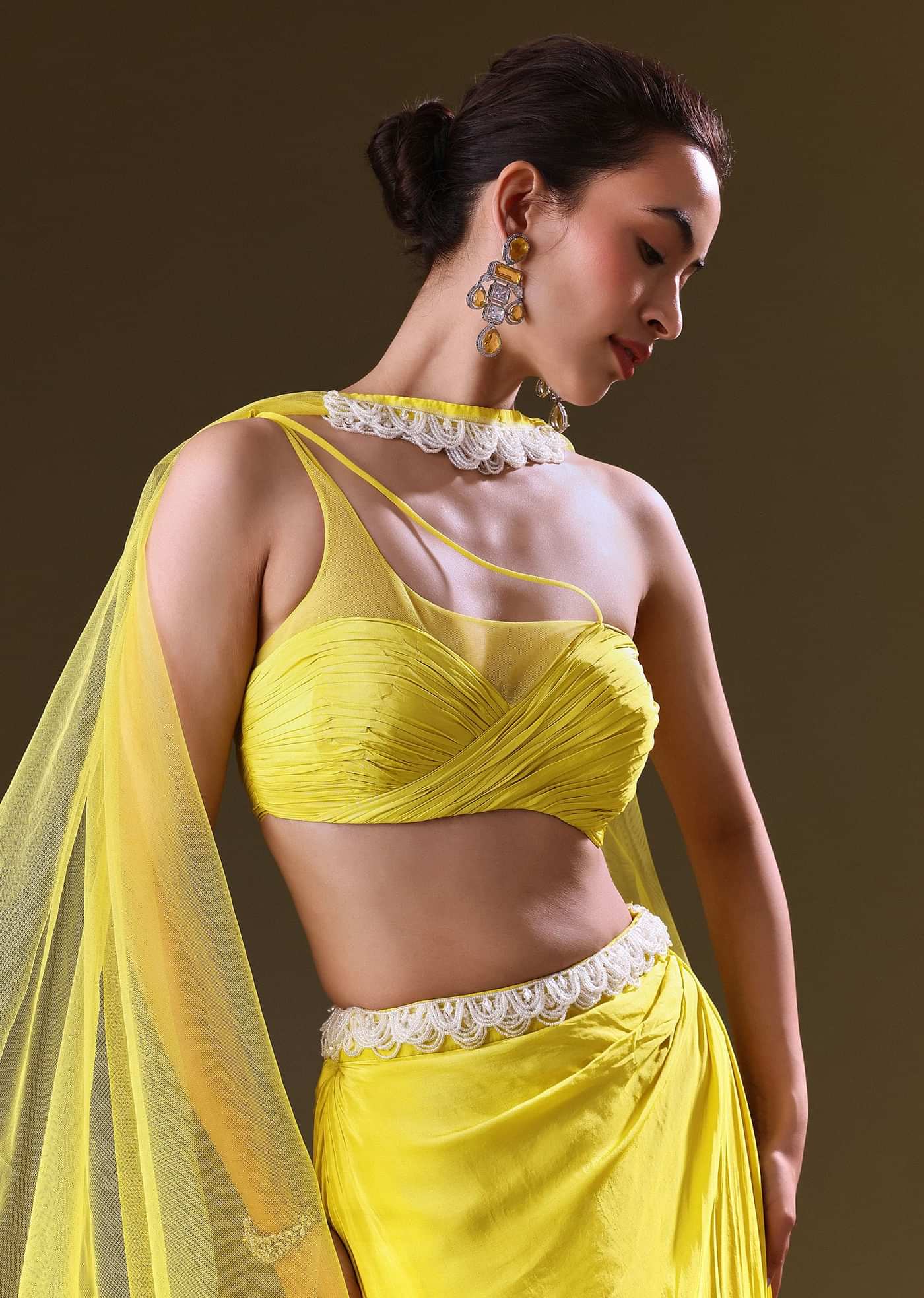 Lime Yellow Fishcut Skirt With One Shoulder Blouse And Tasseled Belt