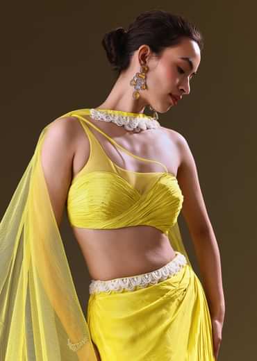 Lime Yellow Fishcut Skirt With One Shoulder Blouse And Tasseled Belt