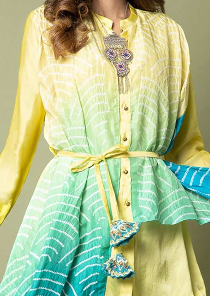 Limon Yellow Shirt With Attached Turquoise Ombré Bandhani Drape And Pleated Turquoise Palazzo Pants