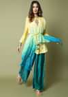 Limon Yellow Shirt With Attached Turquoise Ombré Bandhani Drape And Pleated Turquoise Palazzo Pants