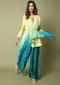 Limon Yellow Shirt With Attached Turquoise Ombré Bandhani Drape And Pleated Turquoise Palazzo Pants