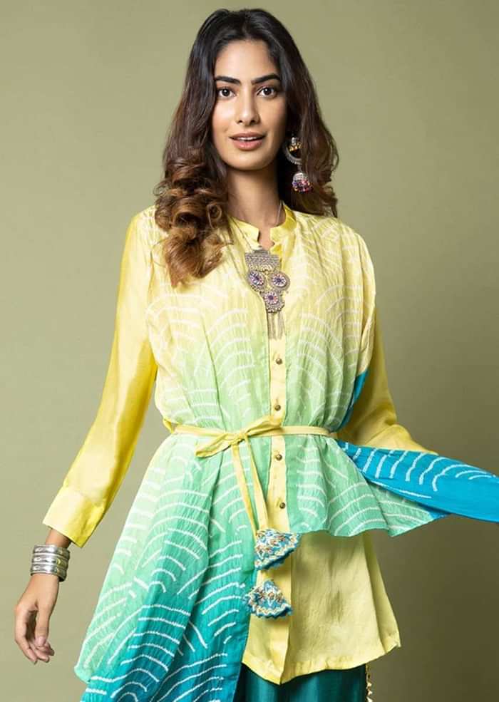 Limon Yellow Shirt With Attached Turquoise Ombré Bandhani Drape And Pleated Turquoise Palazzo Pants