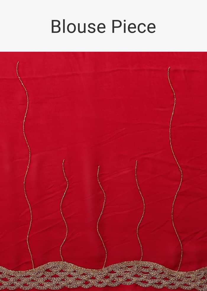 Lipstick Red Georgette Saree Adorned With Golden Zardozi Embroidery & Detailing, And Cut Dana Fringes